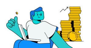 Homem sentado em cadeira com computador no colo e moedas ao fundo