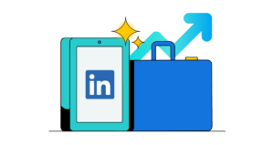 Celular com logo do LinkedIn e maleta ao lado