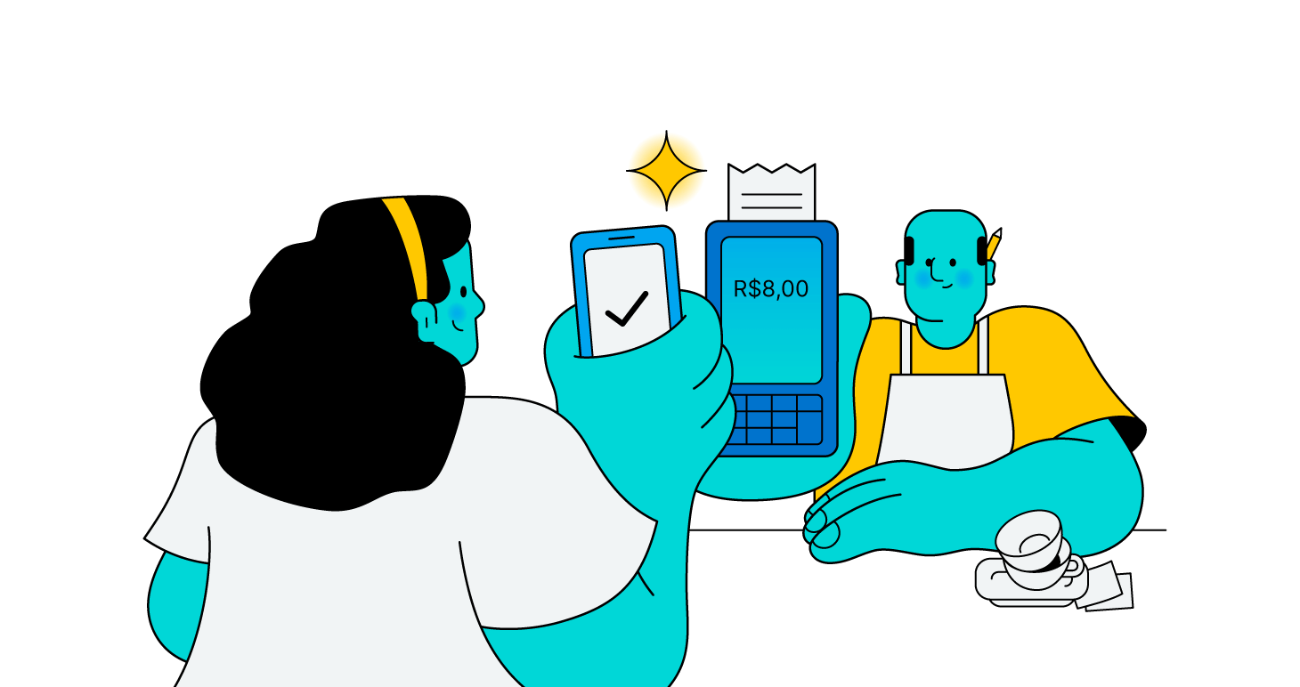 Como pagar por aproximação no Samsung Play? 1 Pessoa com celular na mão aproximando de maquininha