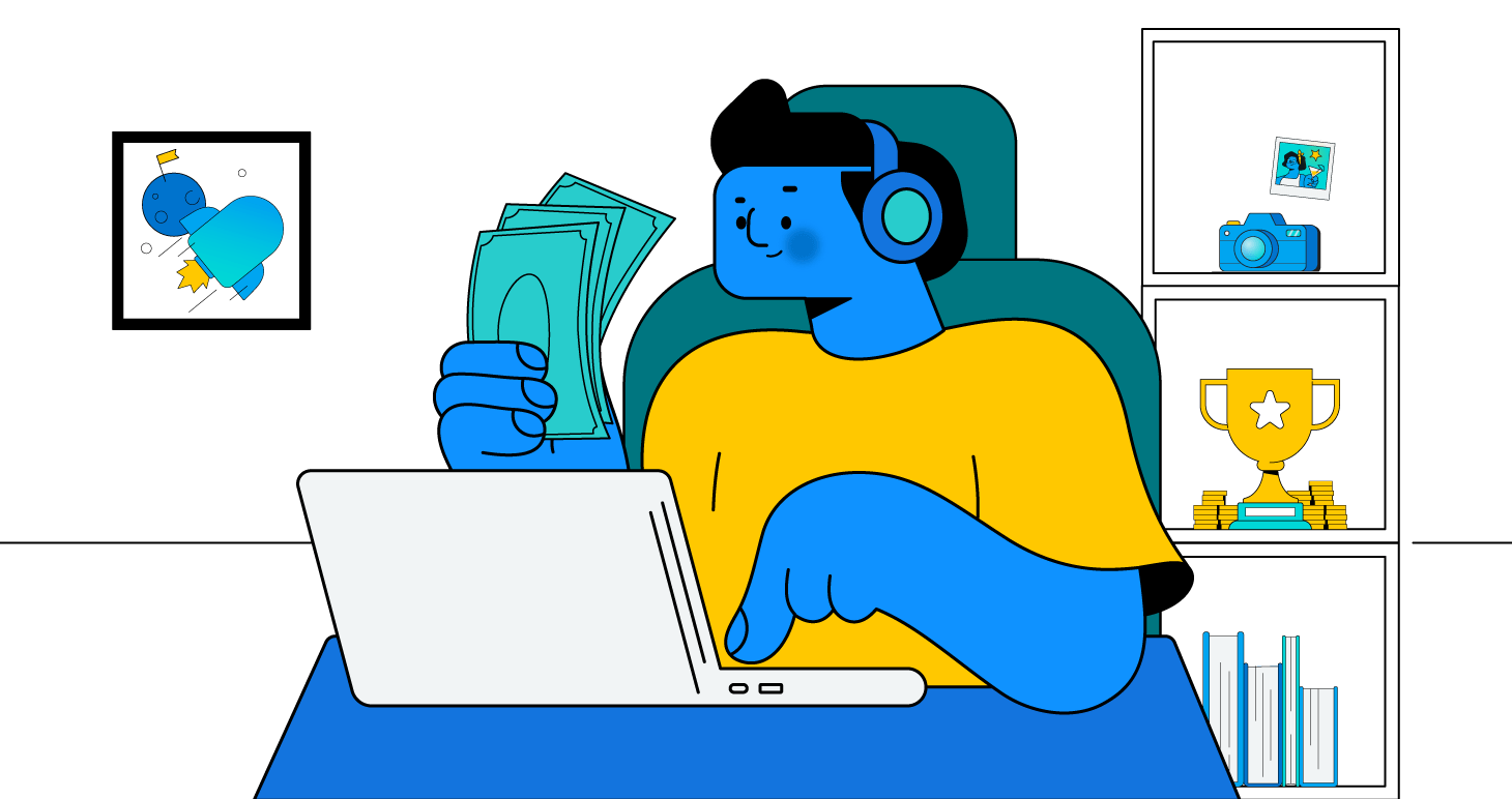 pessoa no computador com dinheiro na mão