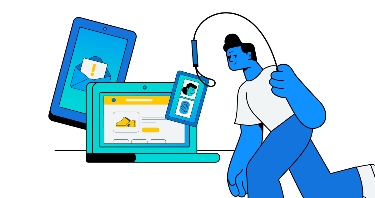 Pessoa com isca na mão segurando um documento com computador e celular ao fundo