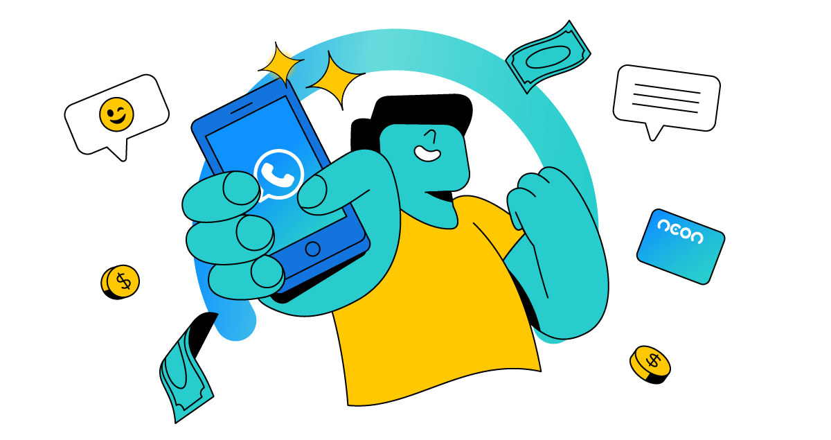 Homem segurando celular na mão com logo do WhatsApp
