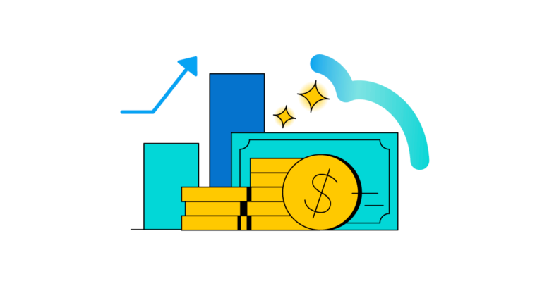 moedas e dinheiro com gráfico ao fundo