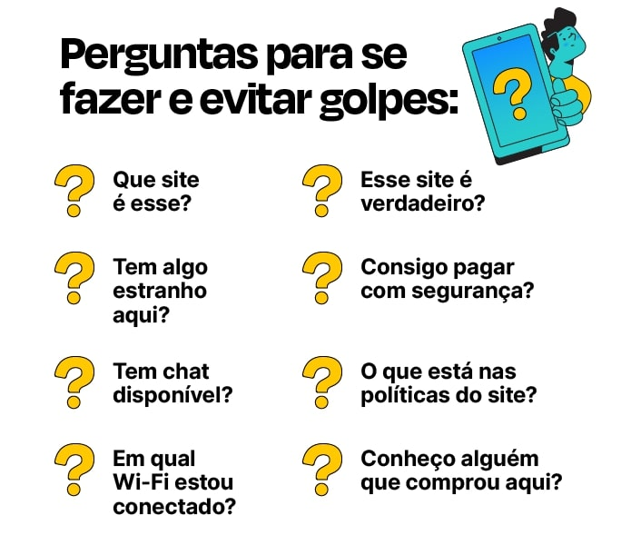 Infográfico com perguntas para se fazer e evitar golpes