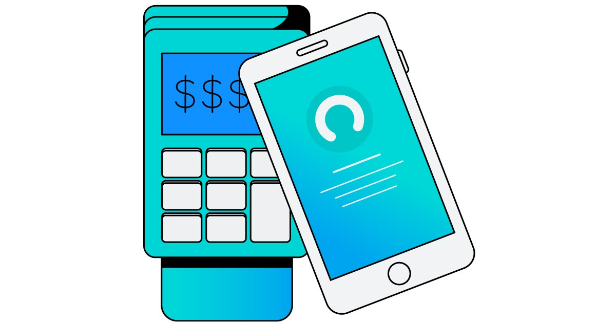 Receber de maquininhas na Neon com sua conta de recebimento 1 Maquininha de cartão de crédito ao lado de celular