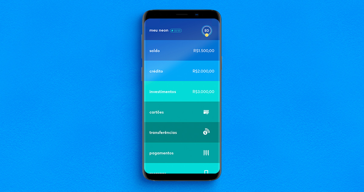 Celular com app Neon aberto sobre fundo azul