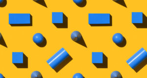Peças quadradas, retangulares, redondas e cilíndricas azuis sobre fundo amarelo