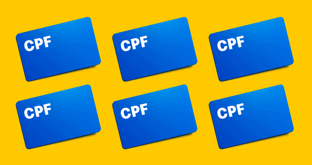 6 cartões de CPF azuis sobre fundo amarelo