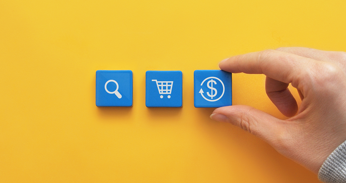Ícones de compras online em blocos azuis em frente a fundo amarelo