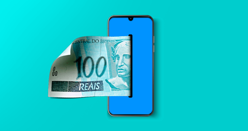 Nota de cem reais entrando em celular em frente a fundo verde-água