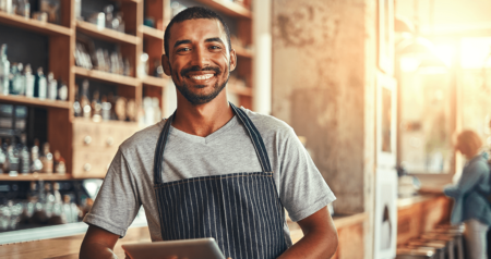 Homem de avental segurando um tablet e sorrindo